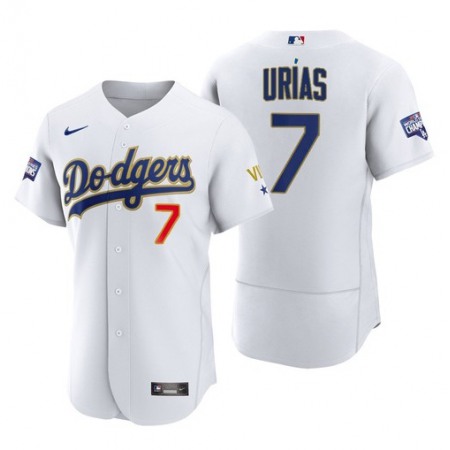 Men's Los Angeles Dodgers #7 Julio Urias White Gold Championship Flex Base Sttiched MLB Jersey