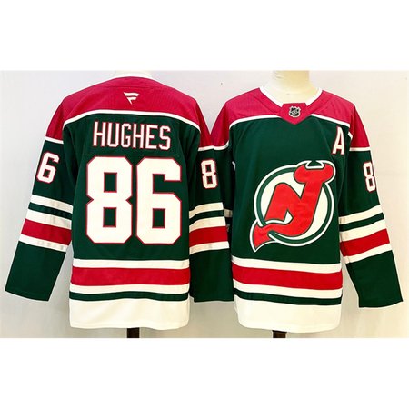 Men's New Jersey Devils #86 Jack Hughes Green/Red 2024-25 With A Patch Stitched Hockey Premium Jersey
