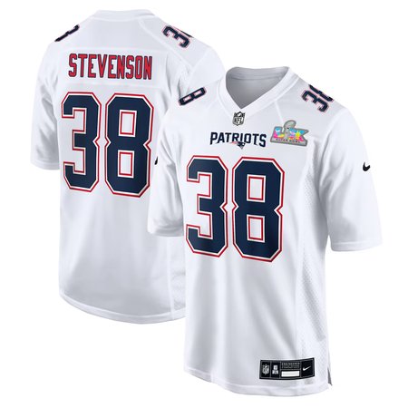 Youth New England Patriots #38 Rhamondre Stevenson White Super Bowl LX Patch Tundra Fashion Game Jersey