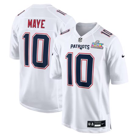 Men's New England Patriots #10 Drake Maye White Super Bowl LX Patch Tundra Fashion Game Jersey