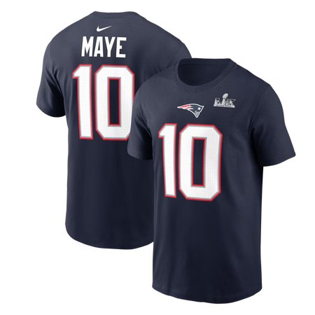 Men's New England Patriots #10 Drake Maye Navy Super Bowl LX Patch Name & Number T-Shirt