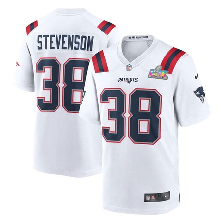 Youth New England Patriots #38 Rhamondre Stevenson White Super Bowl LX Patch Game Jersey