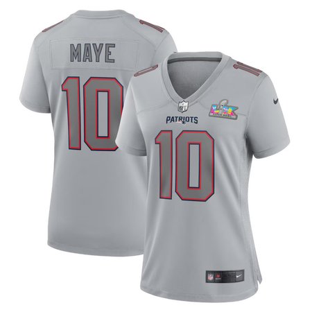 Women's New England Patriots #10 Drake Maye Silver Super Bowl LX Patch Atmosphere Fashion Game Jersey