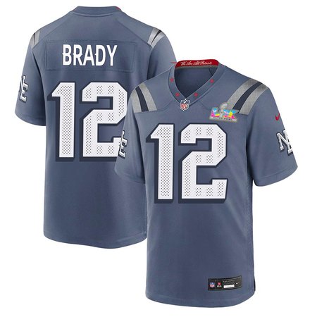 Youth New England Patriots #12 Tom Brady Blue Super Bowl LX Patch Rivalries Collection Game Jersey