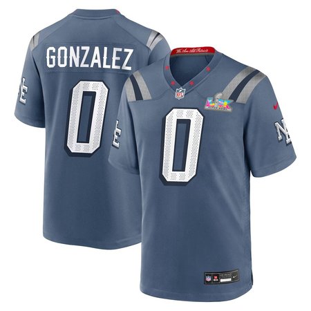 Youth New England Patriots #0 Christian Gonzalez Blue Super Bowl LX Patch Rivalries Collection Game Jersey