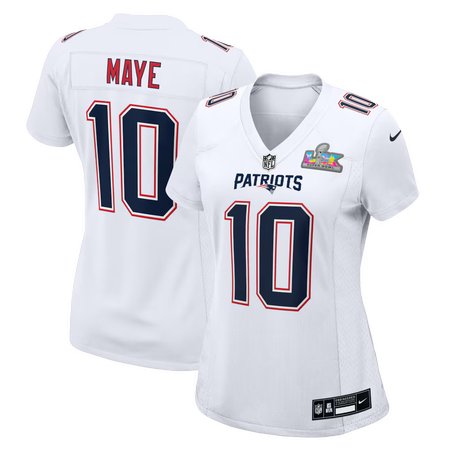 Women's New England Patriots #10 Drake Maye White Super Bowl LX Patch Tundra Fashion Game Jersey