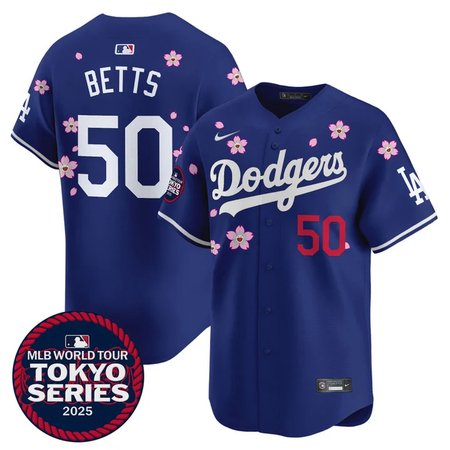 Men's Los Angeles Dodgers #50 Mookie Betts Royal Tokyo 2025 Cool Base Stitched Baseball Jersey