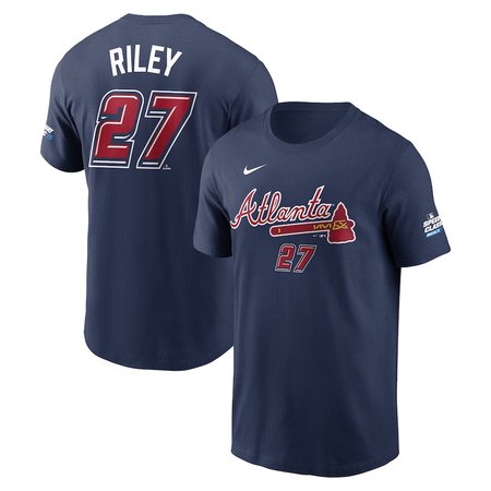 Men's Atlanta Braves #27 Austin Riley Nike Navy 2025 MLB Speedway Classic Name & Number T-Shirt