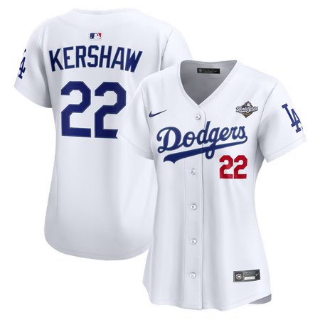 Women's Los Angeles Dodgers #22 Clayton Kershaw Nike White 2025 World Series Home Limited Jersey
