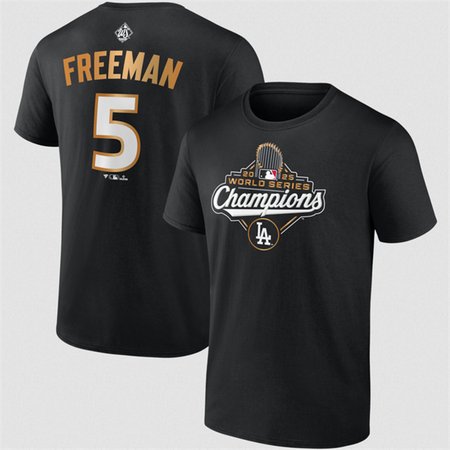 Men's Los Angeles Dodgers #5 Freddie Freeman Black 2025 World Series Champions Name & Number T-Shirt
