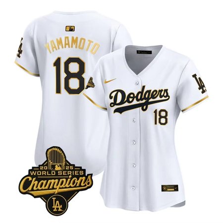Women's Los Angeles Dodgers #18 Yoshinobu Yamamoto Nike White Golden 2025 World Series Champions Home Limited Jersey