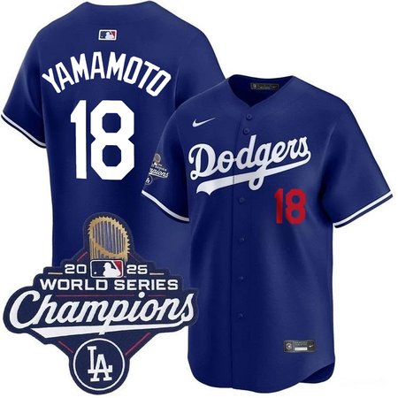 Youth Los Angeles Dodgers #18 Yoshinobu Yamamoto Nike Royal 2025 World Series Champions Home Limited Jersey