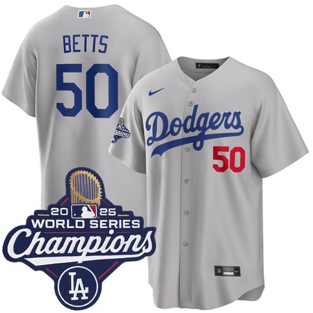 Men's Los Angeles Dodgers #50 Mookie Betts Nike Gray 2025 World Series Champions Home Limited Jersey