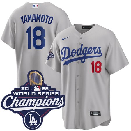 Youth Los Angeles Dodgers #18 Yoshinobu Yamamoto Nike Gray 2025 World Series Champions Home Limited Jersey