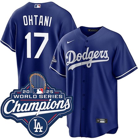Men's Los Angeles Dodgers #17 Shohei Ohtani Nike Royal 2025 World Series Champions Home Replica Jersey
