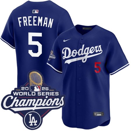 Youth Los Angeles Dodgers #5 Freddie Freeman Nike Royal 2025 World Series Champions Home Limited Jersey